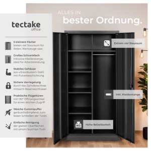Offener, schwarzer Tectake Spind aus Stahl mit Fächern und Kleiderstange.