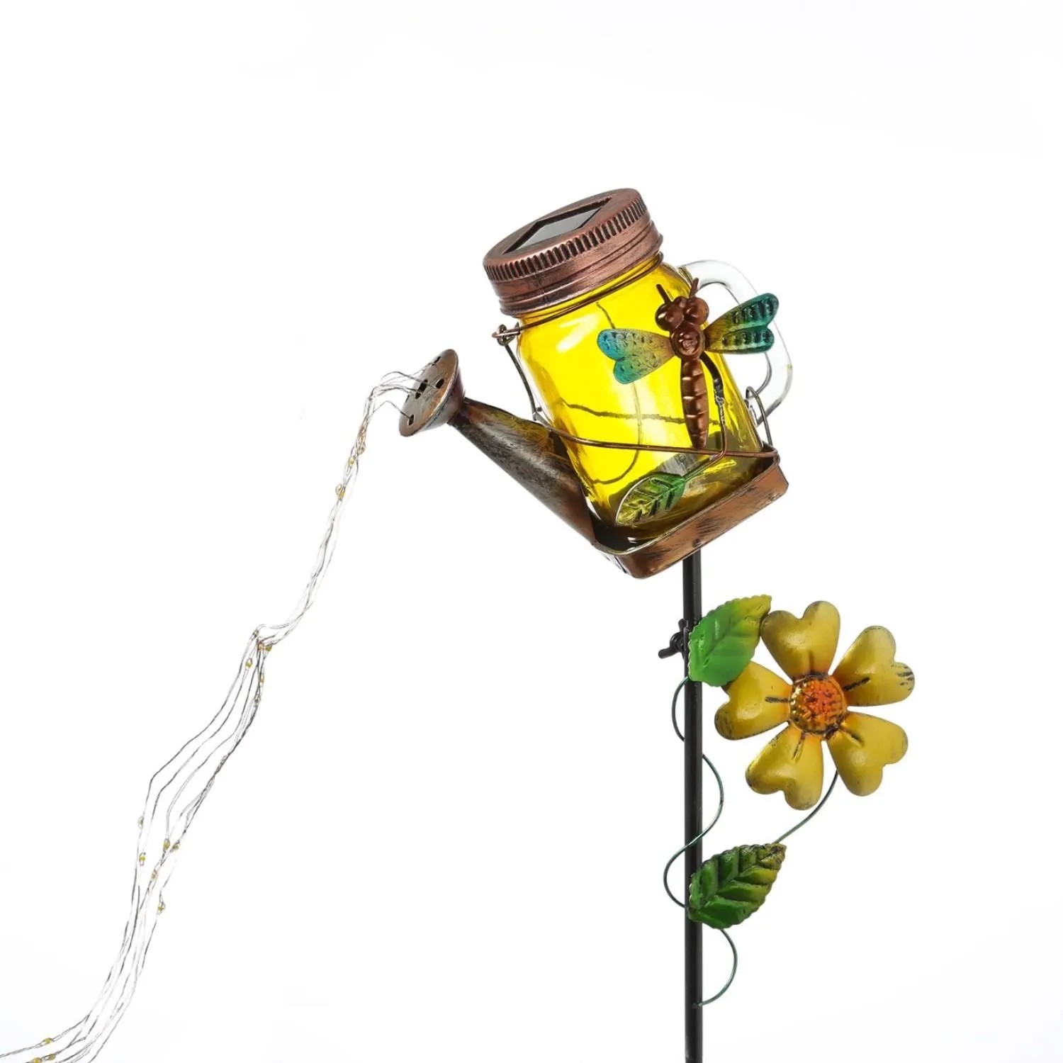 Marelida LED Solar Gießkanne Wasserfalleffekt Deko Solarglas Mit Libelle Gartenstecker