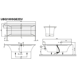 Technische Zeichnung: Villeroy & Boch Squaro Edge 12 Duo Badewanne, 180x80 cm, rechteckig.