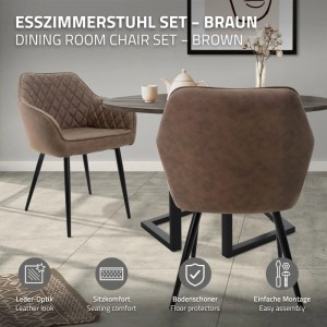 Braune Esszimmerstühle aus Kunstleder mit Armlehnen, Rautensteppung und schwarzen Beinen. 6er Set Polsterstühle.
