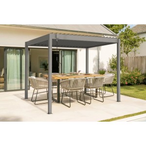 Selbsttragende, taupefarbene Cazeboo Piana Bioklimatische Pergola 3x2m aus Aluminium mit Esstisch und Stühlen.