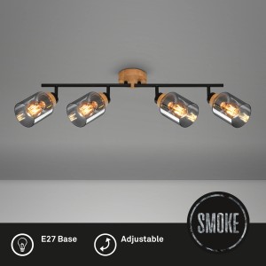 Brilo Deckenleuchte Hema mit 4 Rauchglas-Spots, schwenkbar, Holzbasis, E27 Fassung, 68 cm.