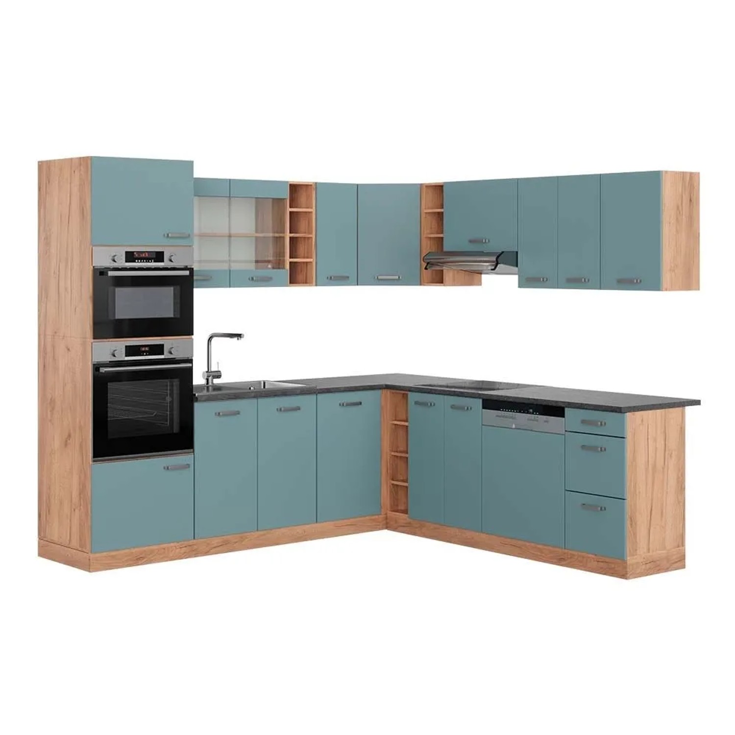 Vicco Eckküche R-Line Blau-Grau/Goldkraft Eiche 247 x 82, AP Anthrazit