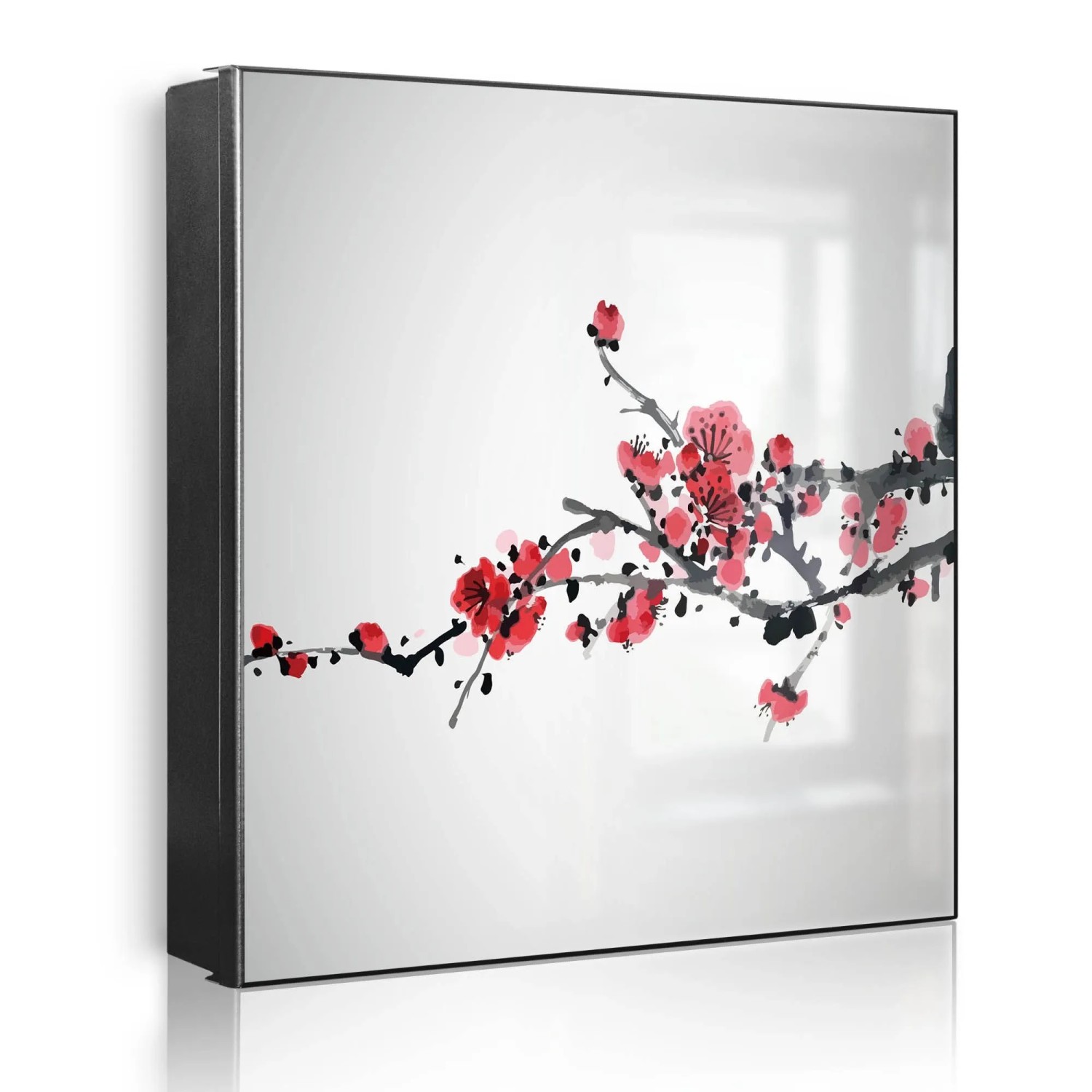 Banjado Großer Schlüsselkasten Metall 30x30cm Schwarz Scharnier Links 50 Haken Beschreibbar Magnetisch Motiv Japanische Blüten 2