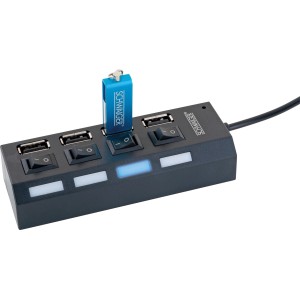Schwaiger USB 2.0 Hub mit 4 Anschlüssen, Schalter und LED-Statusanzeige, mit eingestecktem USB-Stick.