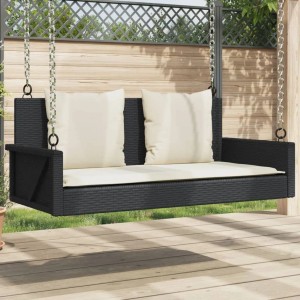 Schwarze vidaXL Hängebank aus Rattan mit Kissen, ideal für Garten & Terrasse.