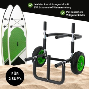 TRUTZHOLM SUP Board Wagen aus Aluminium mit EVA-Polsterung und grünen PU-Rädern für 2 SUPs am Strand.