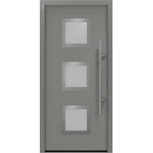EcoStar Haustür Isopro Secur, Graualuminium, DIN links, mit drei quadratischen Glaseinsätzen.