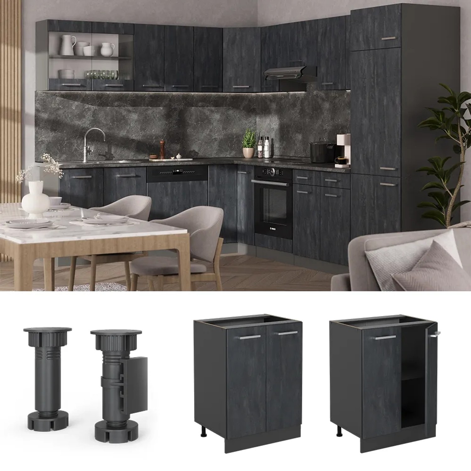 Vicco Küchenunterschrank R-Line, 60 cm, Schwarz Beton/Anthrazit, ohne Arbeitsplatte. Küchenschrank mit Füßen und geöffnet.