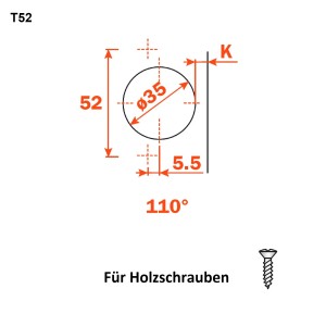 Technische Zeichnung Salice Universalscharnier T52, 110 Grad, Maße und Details für Montage.