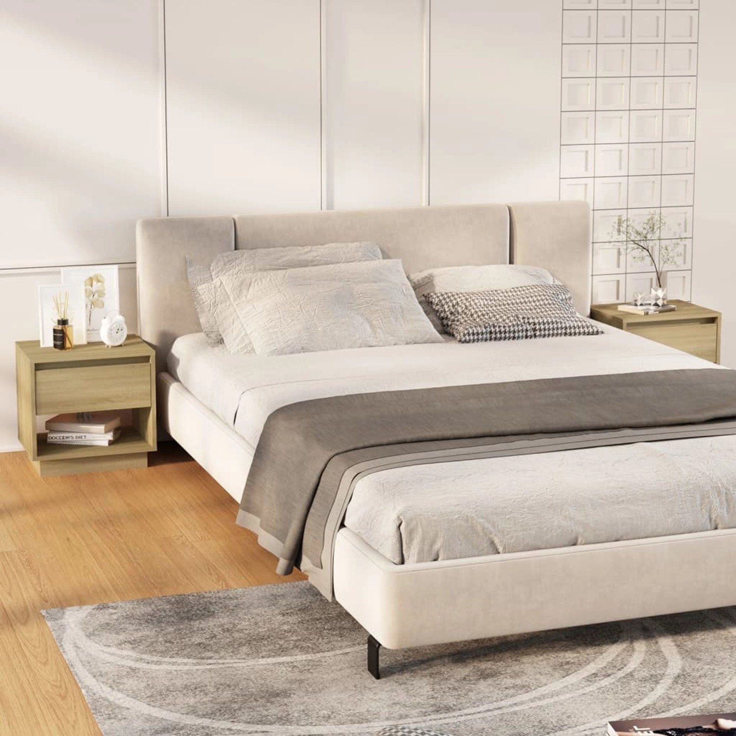 Set aus 2 Nachttischen in Sonoma-Eiche (45x34x44 cm) aus Holzwerkstoff neben einem Bett.