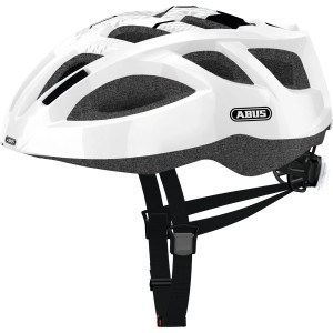 Weißer Abus Fahrradhelm Sport M mit Belüftungslöchern und Kinnriemen.
