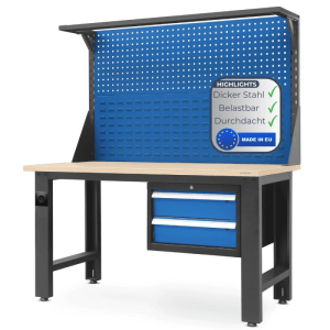 DELUKE Werkbank Werkstatt ROBI 170 x 150 x 75 cm Anthrazit-Blau Platte Braun