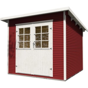 Schwedenrotes weka Gartenhaus mit Flachdach und weißer Doppeltür. Holz-Gartenhaus.