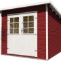 Schwedenrotes weka Gartenhaus mit Flachdach und weißer Doppeltür. Holz-Gartenhaus.