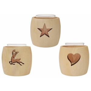 Erst-Holz Zirben Teelichthalter mit Glas und Ausschnitt Stern 3er Set