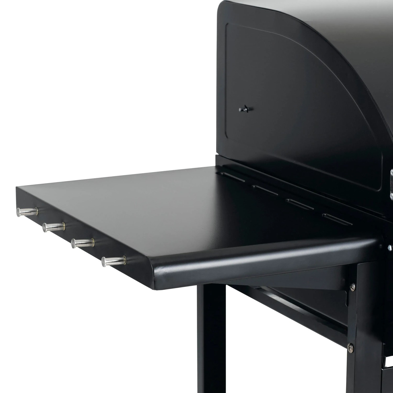 Detailansicht des schwarzen tepro Gasgrill Mayfield mit Seitentisch und Besteckhaken.
