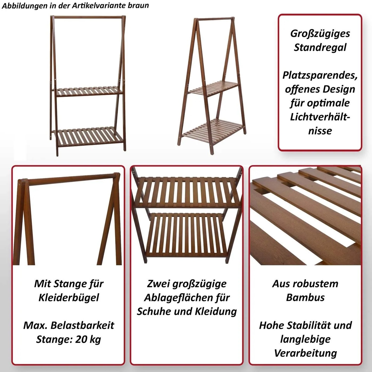 Dunkelbraune Bambus Standgarderobe mit Kleiderstange und zwei Ablagen. Offenes Design für Flur oder Schlafzimmer.