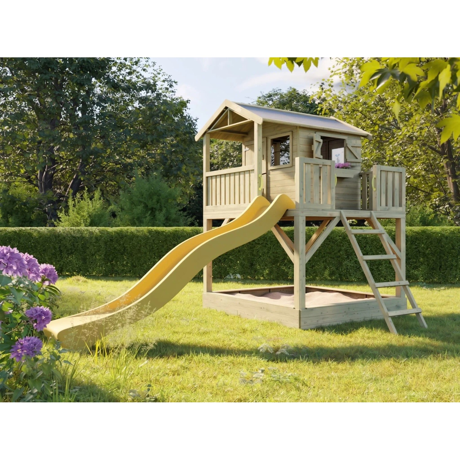 Prestige Garden Stelzenhaus Funny XXL mit Sandkasten KDI Inklusive Rutsche Gelb