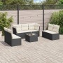 Schwarze 8-tlg. vidaXL Garten-Sofagarnitur aus Rattan mit cremeweißen Kissen auf einer Terrasse.