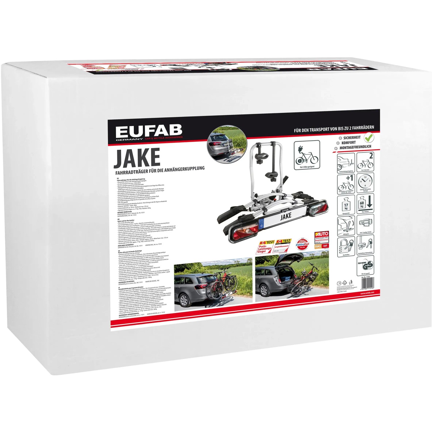 EUFAB 11510 JAKE fietsenrek, geschikt voor e-bikes, deels voorgemonteerd, uitbreidbaar, antidiefstalbeveiliging, voor 2 fietsen, voor trekhaak