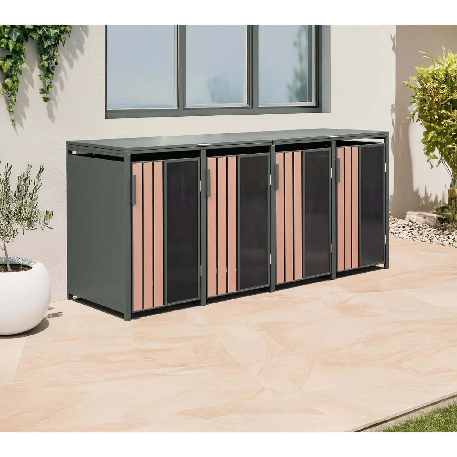 Westmann Mülltonnenbox Status 4 in Anthrazit-Holzoptik für vier 240-Liter-Tonnen.