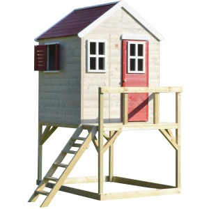 Wendi Toys Kinderspielhaus Storch aus FSC®-Holz mit rotem Dach, Fensterläden und Veranda.