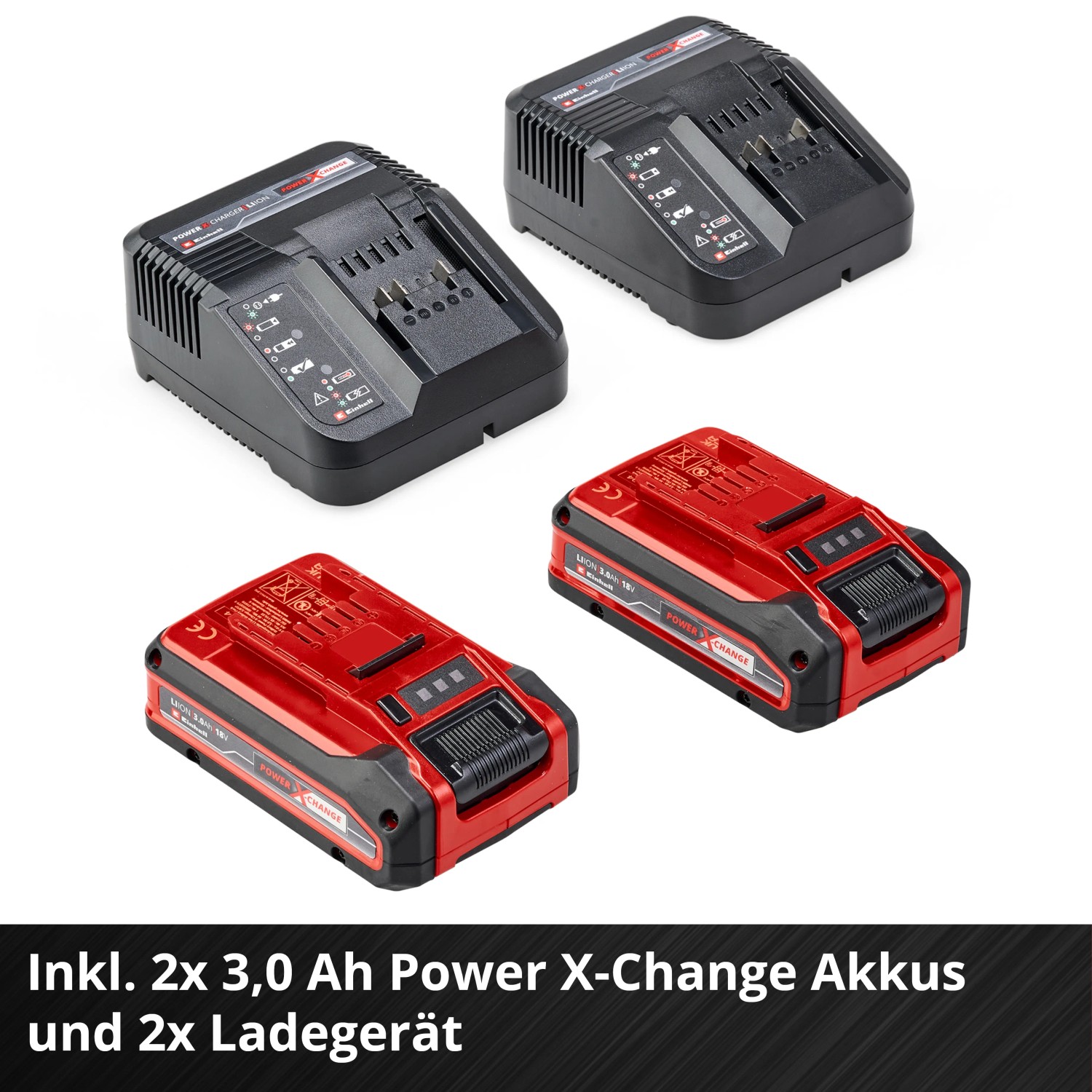 Einhell Akku-Rasenmäher Zubehör: Zwei Akkus und zwei Ladegeräte für Power X-Change Geräte.