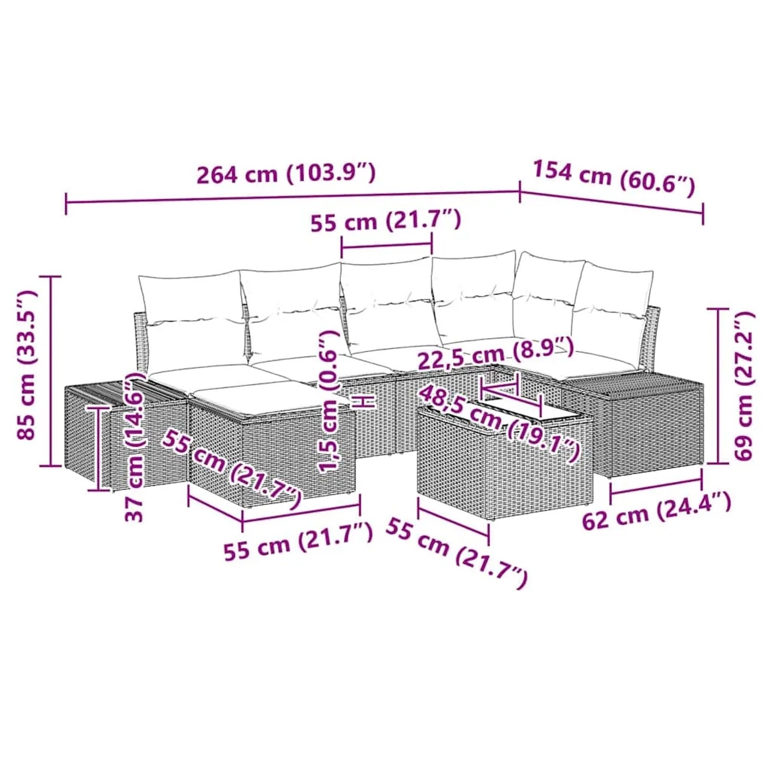 vidaXL Garten-Sofa-Set 7-teilig, grau, Poly Rattan, mit Maßangaben.