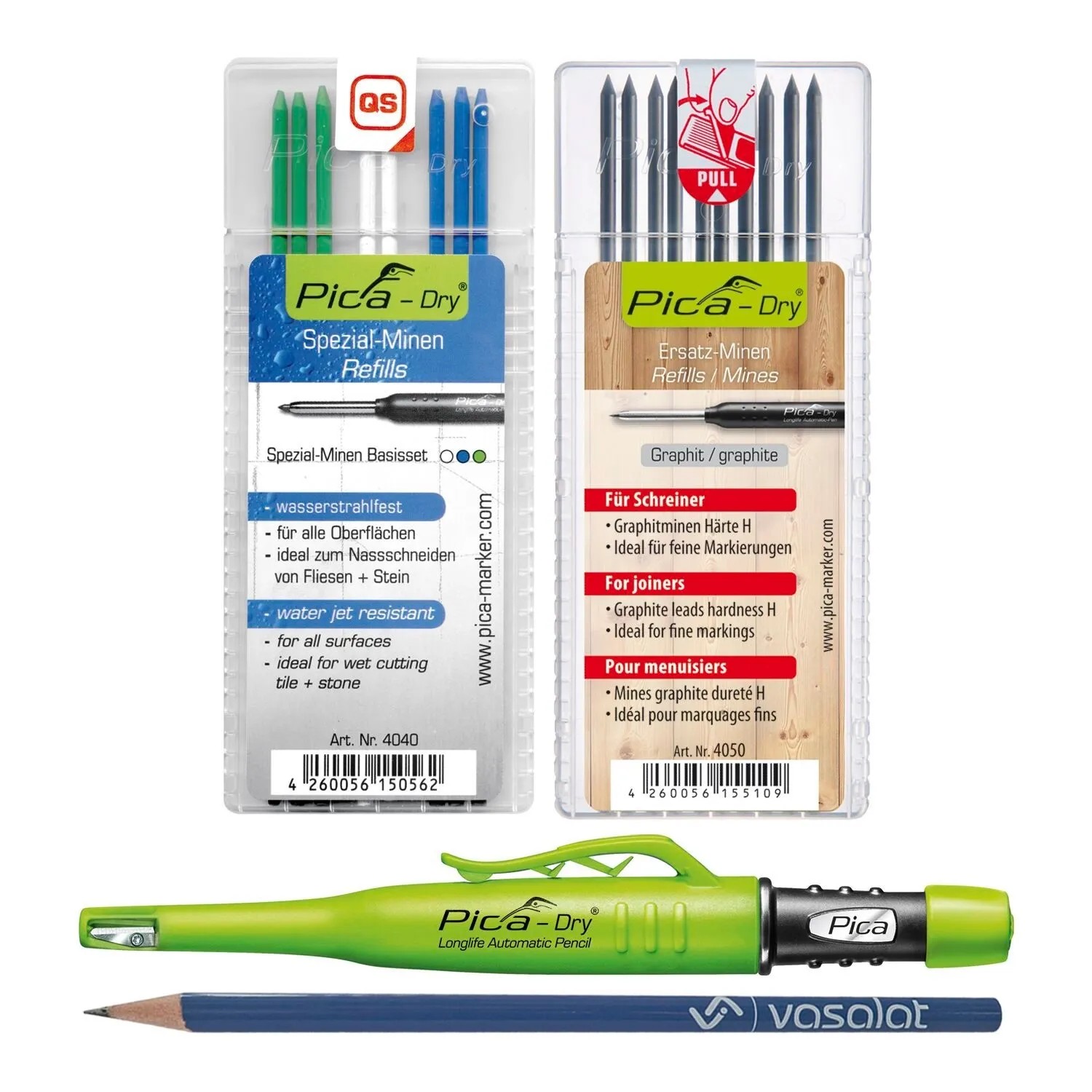 vasalat Set Pica Dry Marker-Set mit 10 Minen Härte H & 8 Minen Blau Weiß Grün