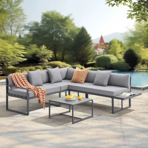 Juskys Gartenmöbel Lounge St. Tropez, dunkelgraues Stahlgestell mit hellgrauen Kissen und Tisch.