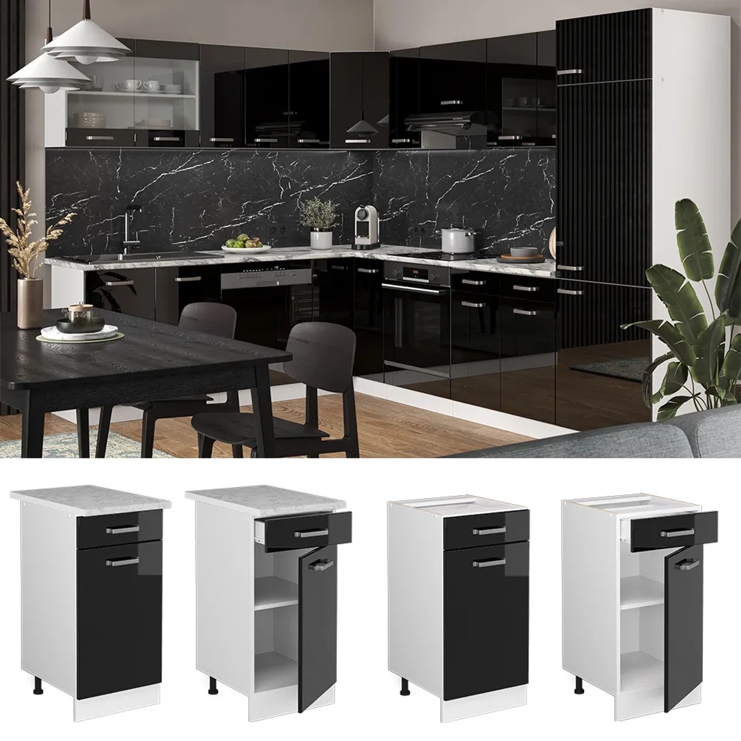 Vicco Küchenunterschrank R-Line, Schwarz Hochglanz/Weiß, 40 cm, mit Eiche Arbeitsplatte.