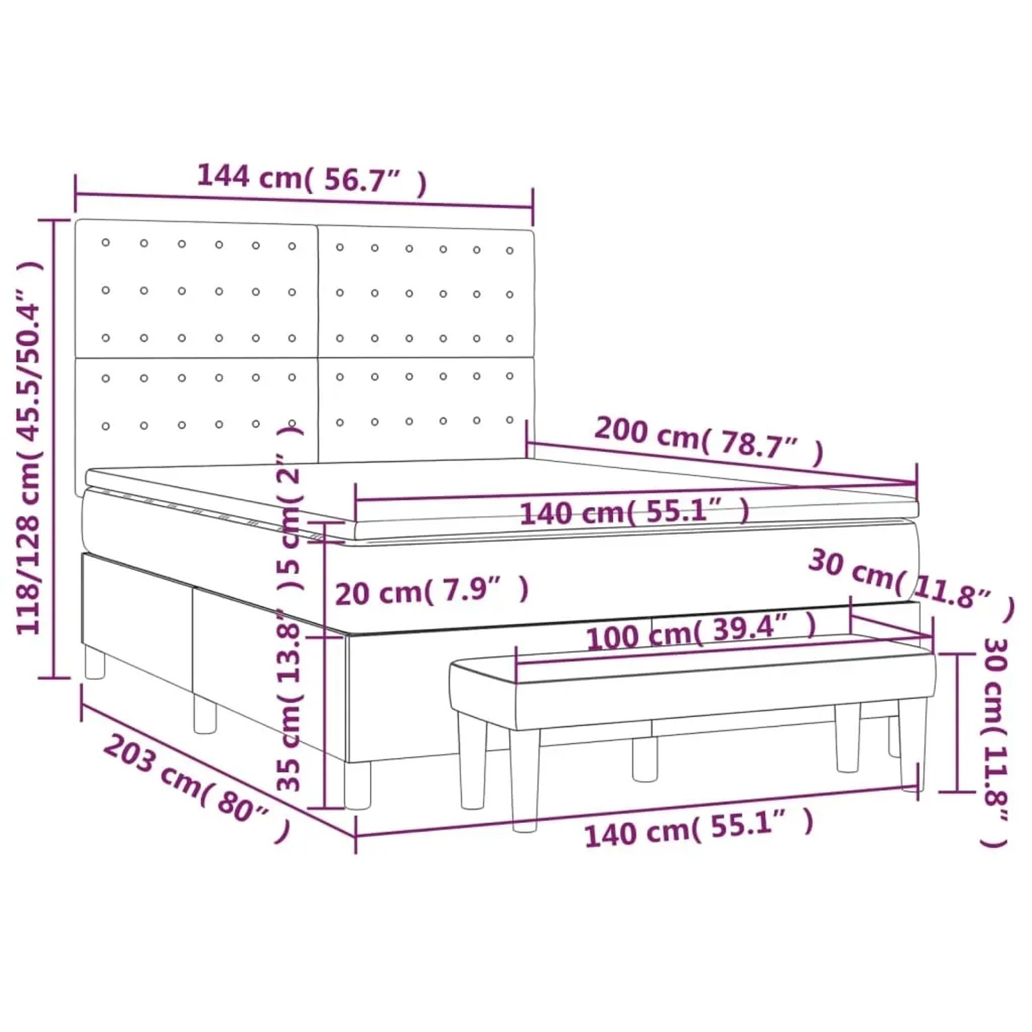 Blaues Boxspringbett 140x200 cm mit Matratze, Kopfteil und Bank. Maßangaben.