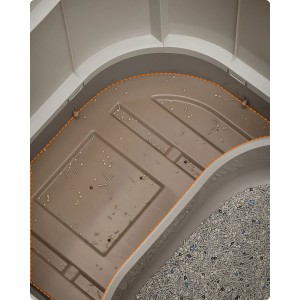 Detailansicht der grauen Feandrea Katzentoilette Boxal XL mit Deckel und Streu.