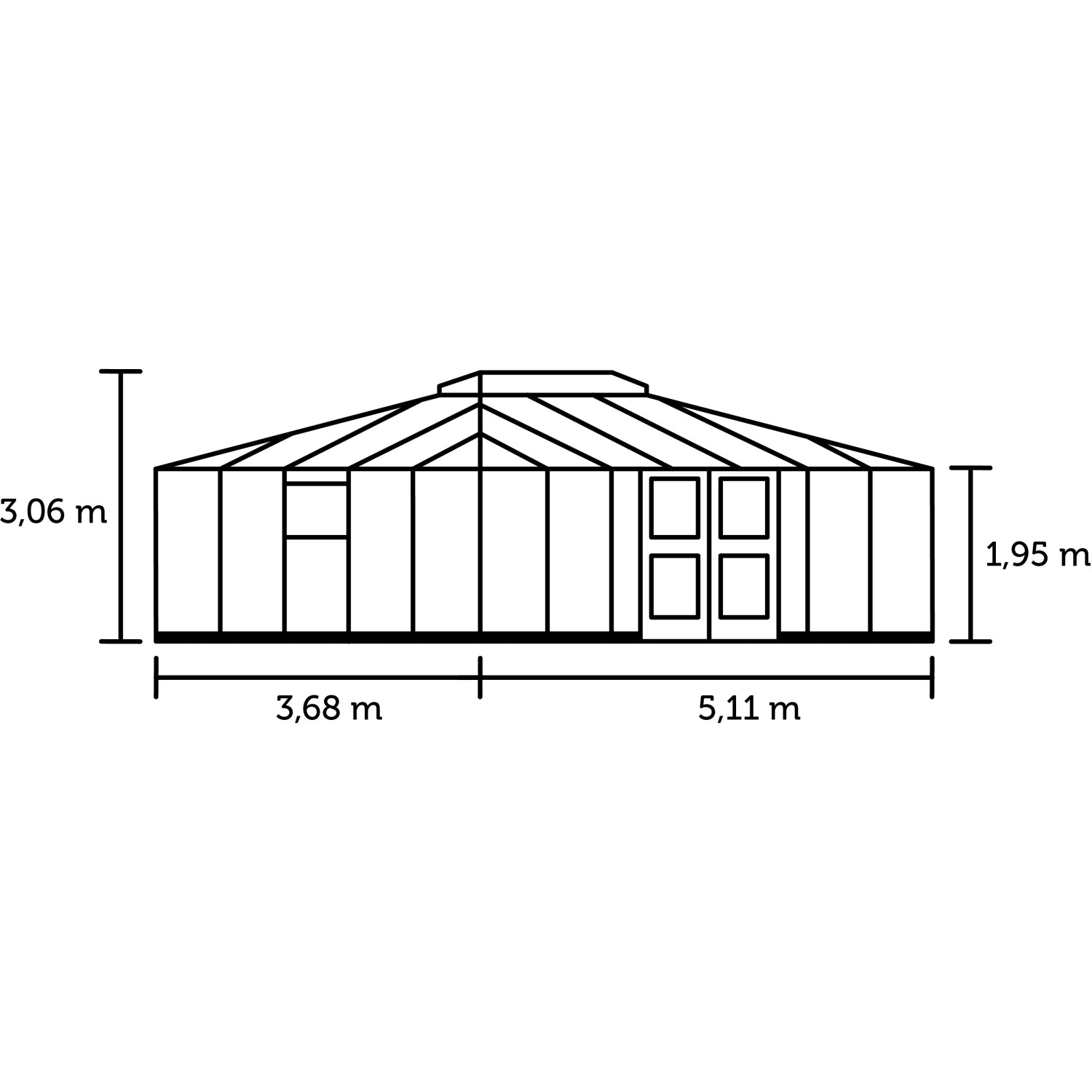 Skizze des Juliana Gewächshauses Grand Oase 18 in Anthrazit mit Maßangaben.
