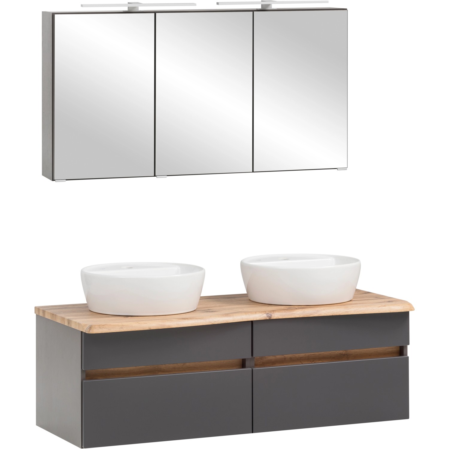 Held Möbel Doppelwaschtisch-Set Trient, 120 cm, grau mit Aufsatzbecken und Spiegelschrank