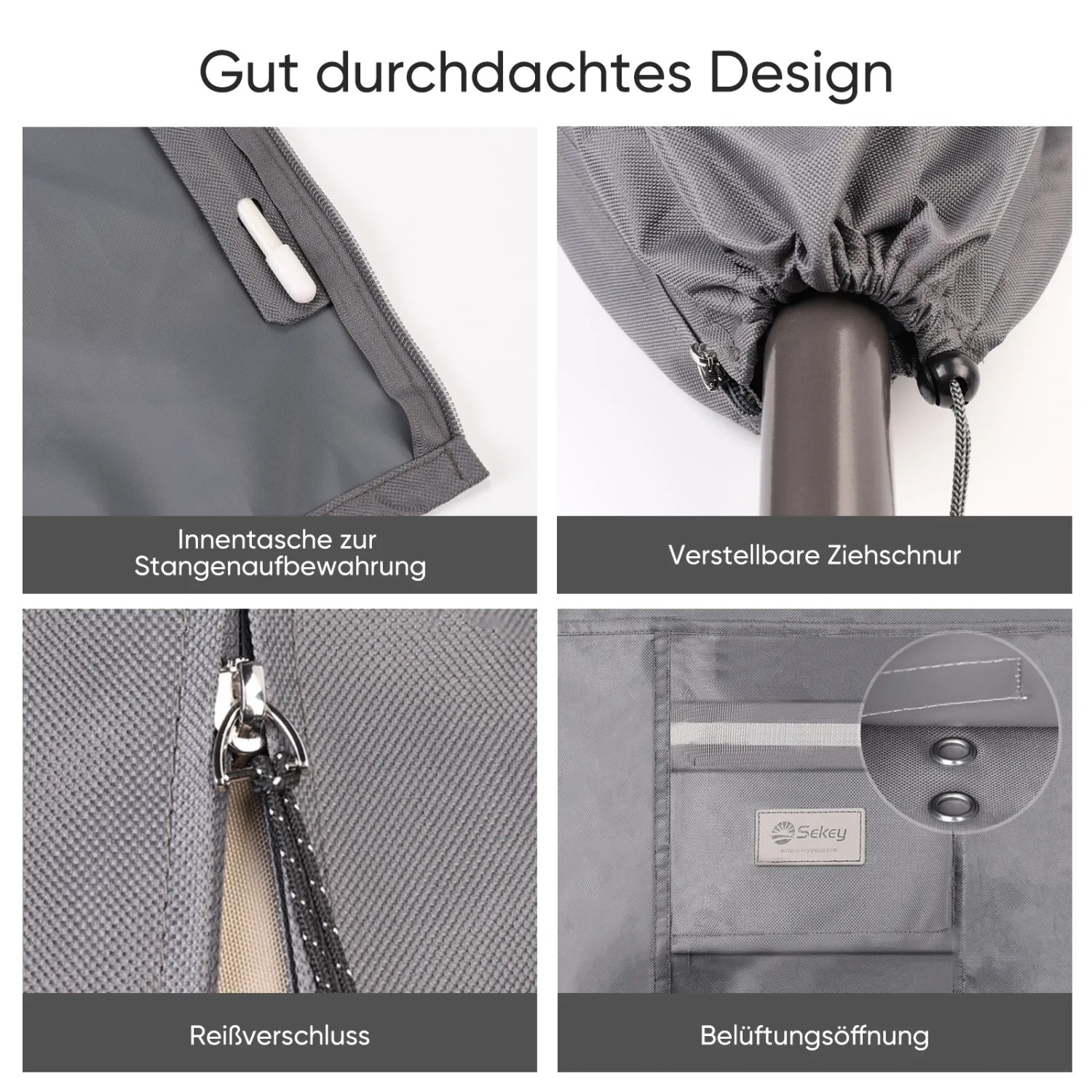 Details der Sekey Schutzhülle für 300 cm Ampelschirme: Reißverschluss, Tasche, Kordelzug, Belüftung.
