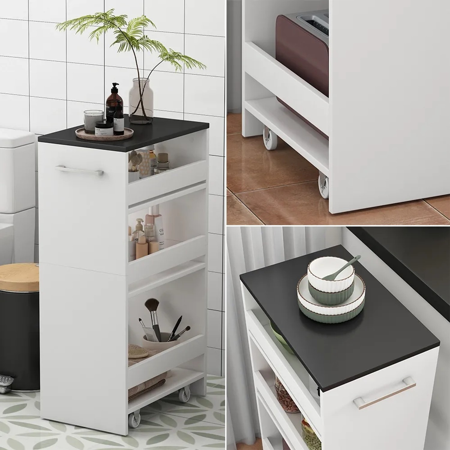 Vicco Rollregal Rivo, weiß/anthrazit, 30x85 cm. Küchen-Minibar mit Rollen, ideal für kleine Küchen.