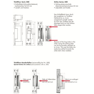 Elektrischer Türöffner mit Winkelblech und mechanischer Entriegelung, verschiedene Ausführungen.