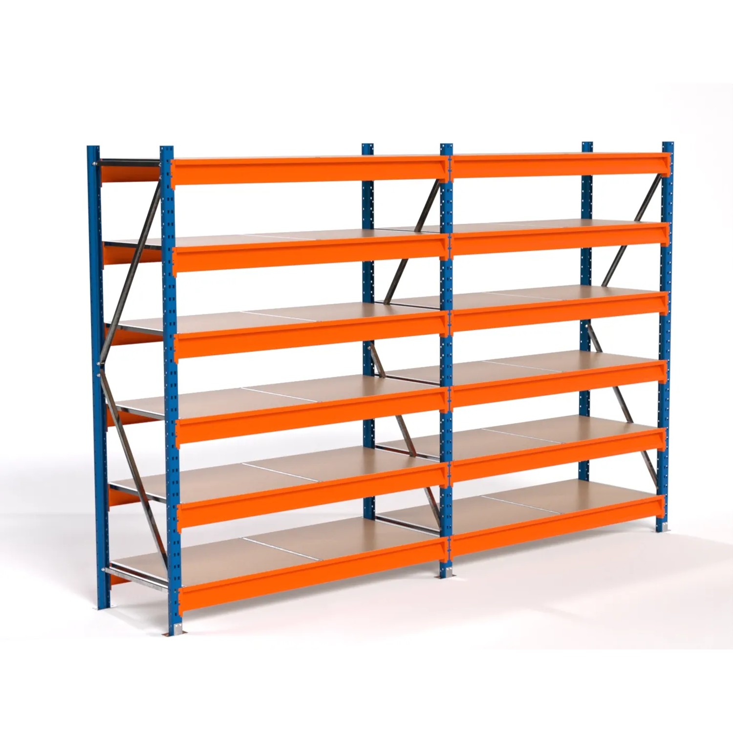 PROREGAL Industrie Weitspannregal Lagerregal MAXIMUS PRO Komplettregal 2 Felder HxBxT 200x300x60cm 6 Spanplatten-Fachboden Fachlast 850kg Blau/Orange