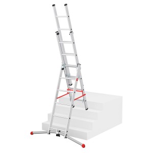 Hailo Alu-Kombileiter S100 Profi Lot, 3-teilig, als Anlege-, Schiebe- und Bockleiter auf Treppe.