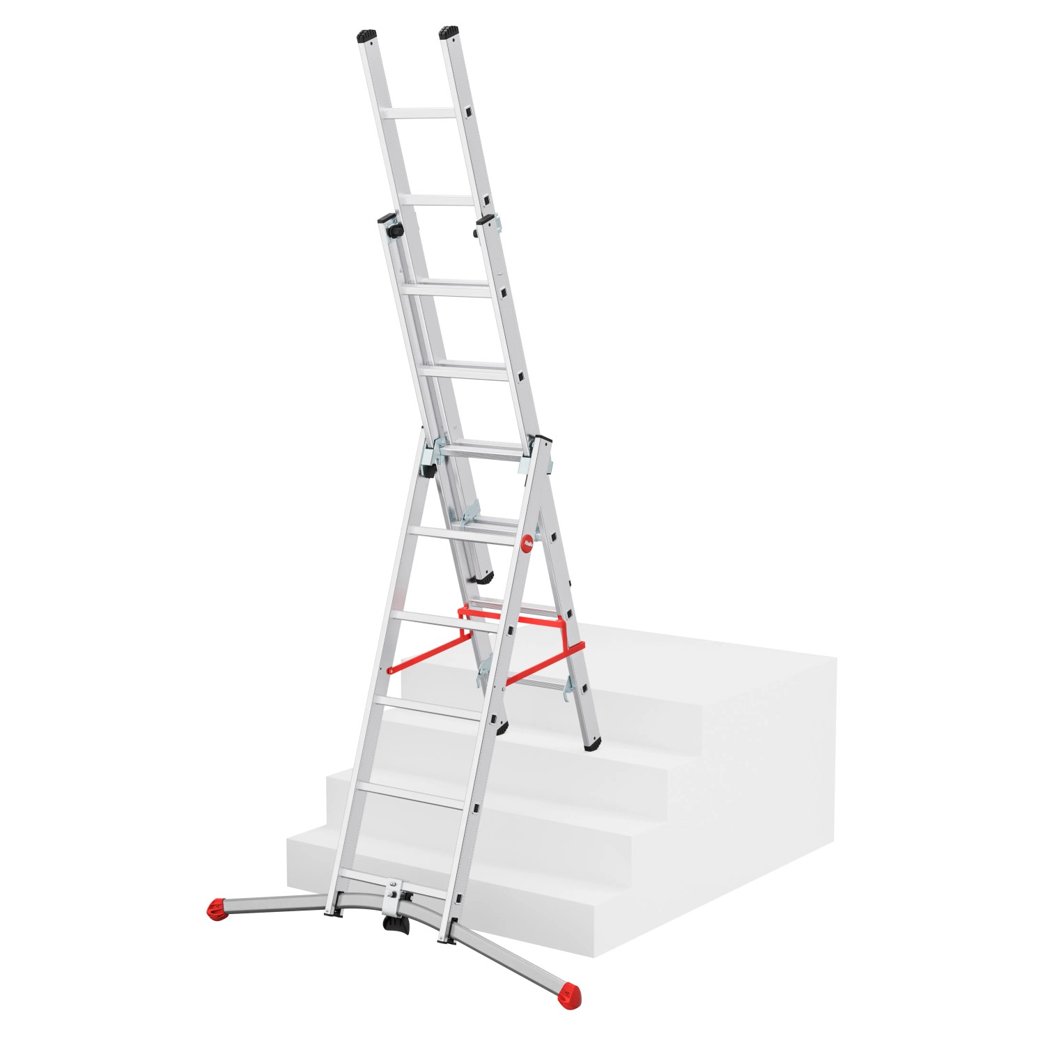 Hailo Alu-Kombileiter S100 Profi Lot, 3-teilig, als Anlege-, Schiebe- und Bockleiter auf Treppe.