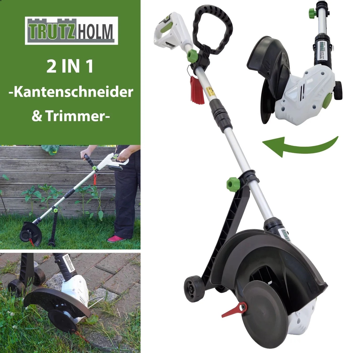 TRUTZHOLM Akku Rasentrimmer mit Kantenschneiderfunktion, Akku und Ladegerät. Inklusive Nylonmesser.