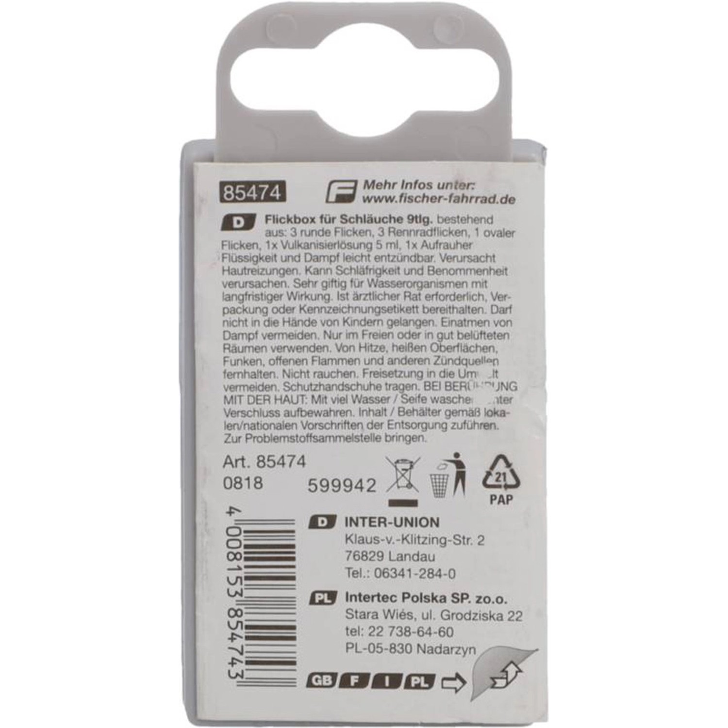 Fischer Flickbox Schläuche 9-teilig: Set mit Flicken und Vulkanisierlösung für Fahrradreifen.