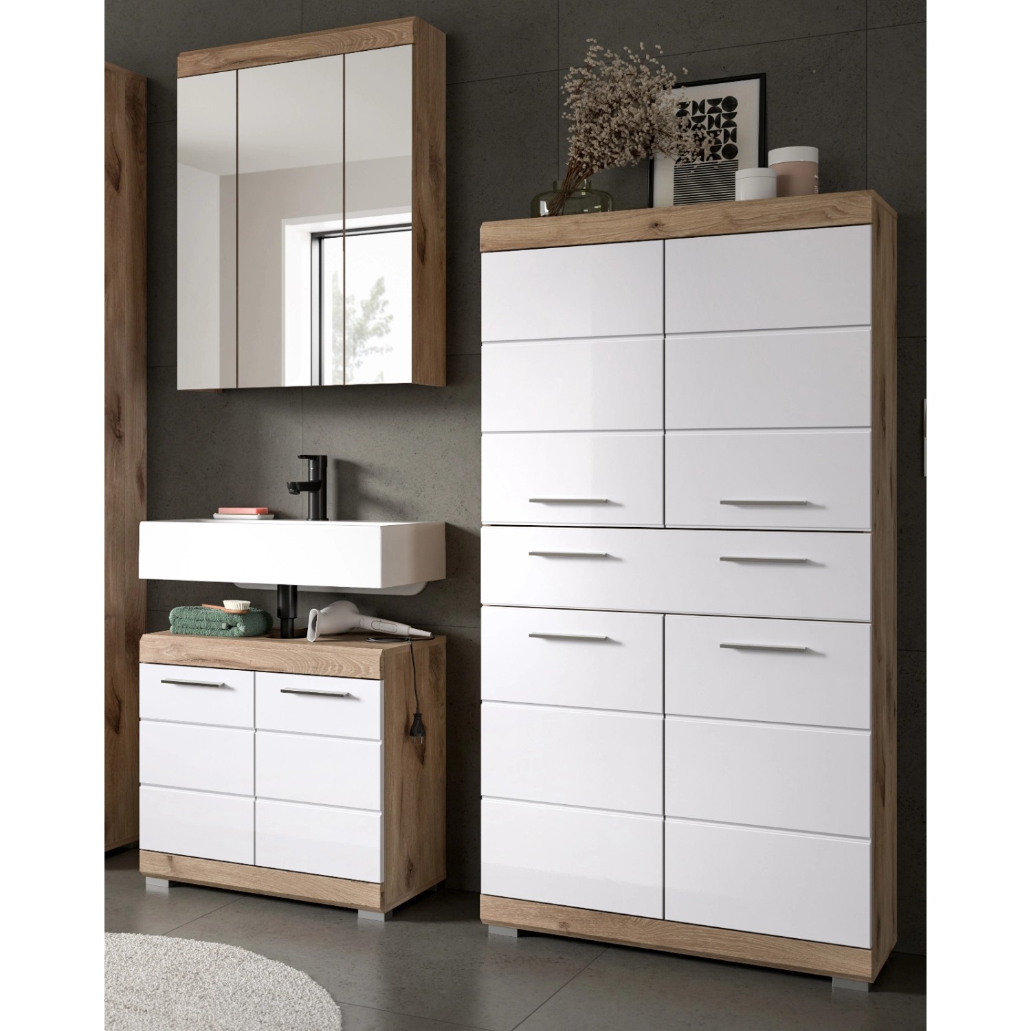 Inn.Furn Badmöbel Set in Weiß Hochglanz und Eiche 3-teilig 149 cm Willow günstig online kaufen