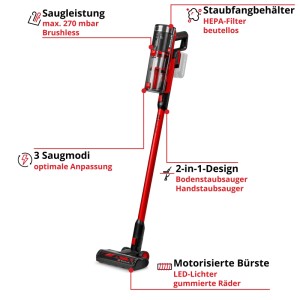 Roter Einhell Akku-Stielstaubsauger TE-SV 18/270 Li BL Solo, 2-in-1, mit bürstenlosem Motor und LED-Bodendüse.