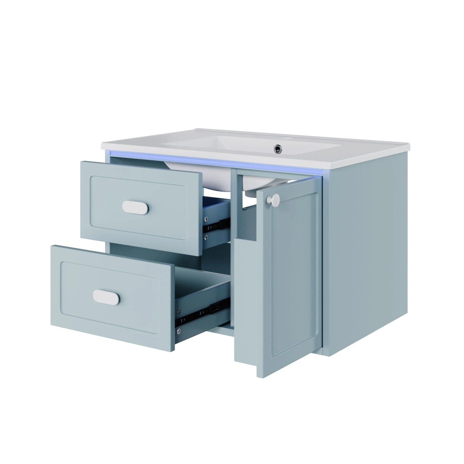 PXloue Waschtisch mit Unterschrank 76 cm Wandhängend Badmöbel Set Keramik Waschbecken LED Sensor Licht Blau