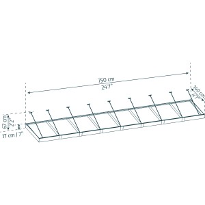 Graues Palram Canopia Vordach Sophia XL, 750x140 cm, mit Maßangaben.