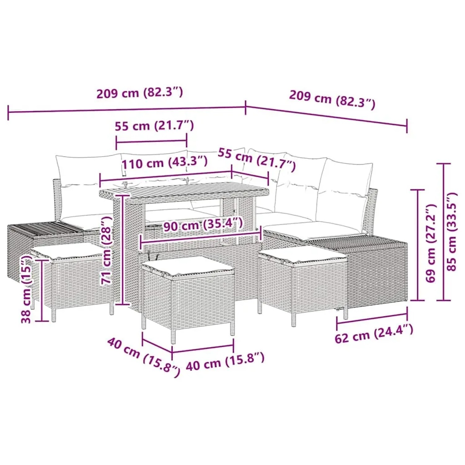 vidaXL Gartenmöbel-Set, 9-teilig, grau, Poly Rattan, mit Tisch, Sofas und Hockern, Maße siehe Detailzeichnung.