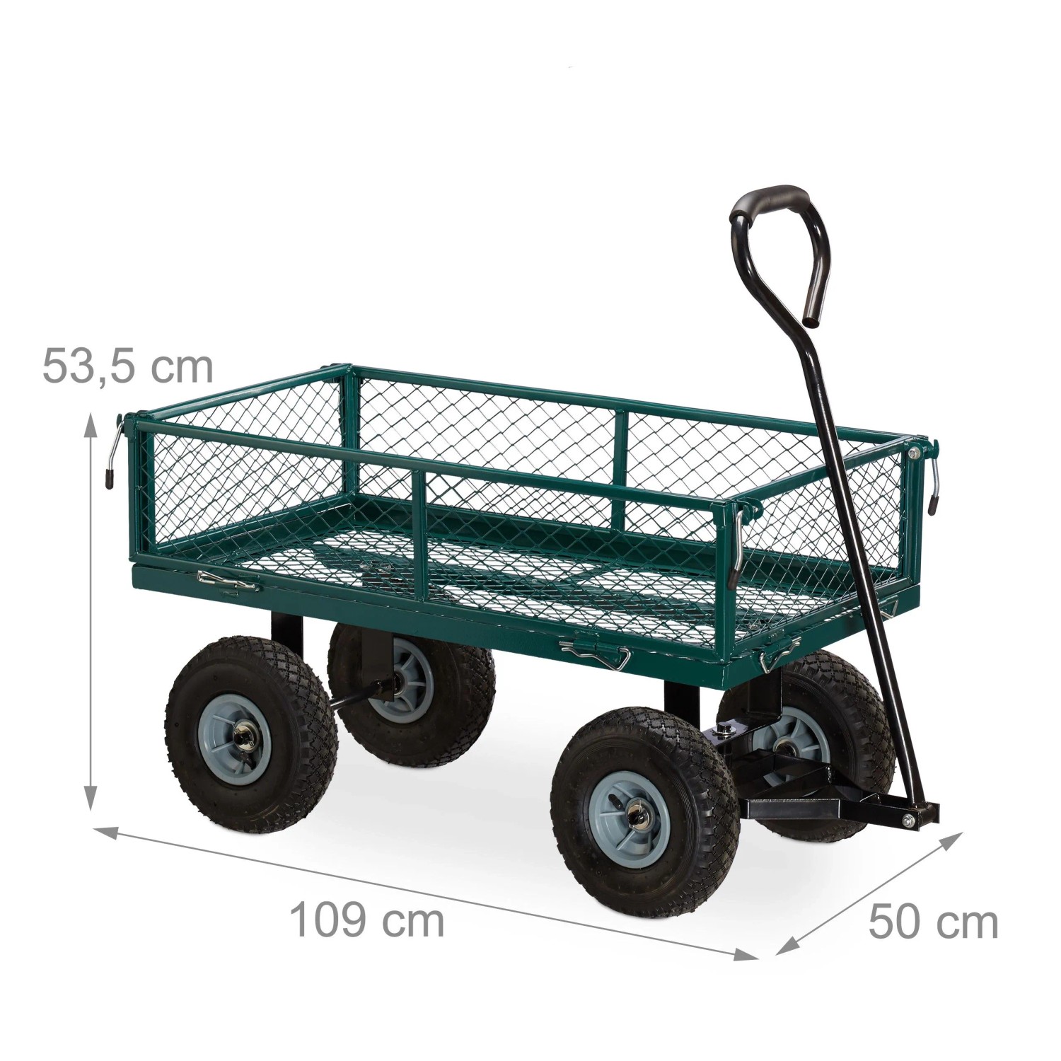 Dunkelgrüner Relaxdays Handwagen aus Stahl mit klappbaren Seitenteilen und Luftreifen für Garten & Camping. Maße: 109x50x53,5 cm.